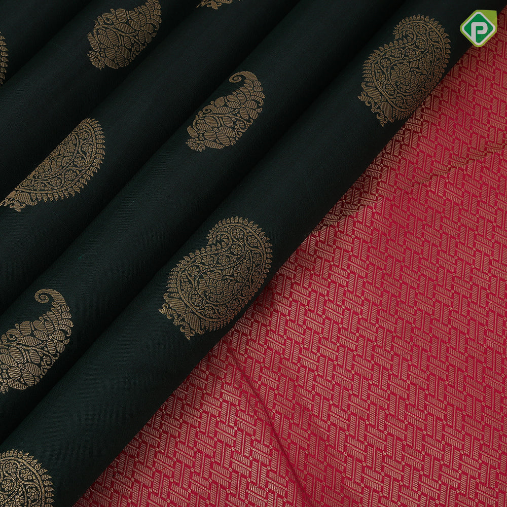 Bottle Green Gold Zari Manga Butta Design Rani Pink Mayilkan Horse Border Design Traditional Silk Saree