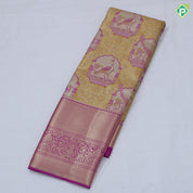 Mint green and thread work peacock in mandap design pink gold zari floral border tissue art silk saree
