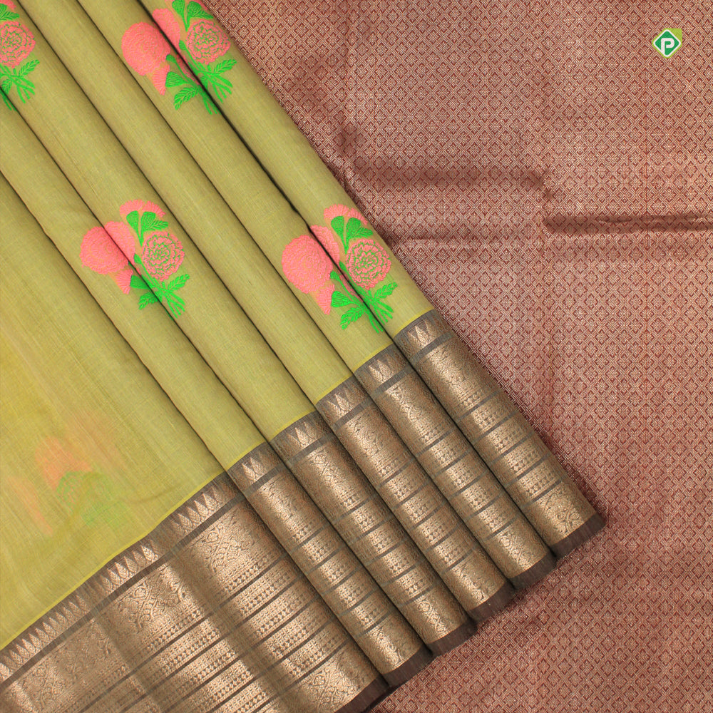 Moss Green With Marron Brown Colour Flower Meena Work Motifs Linen Silks Saree