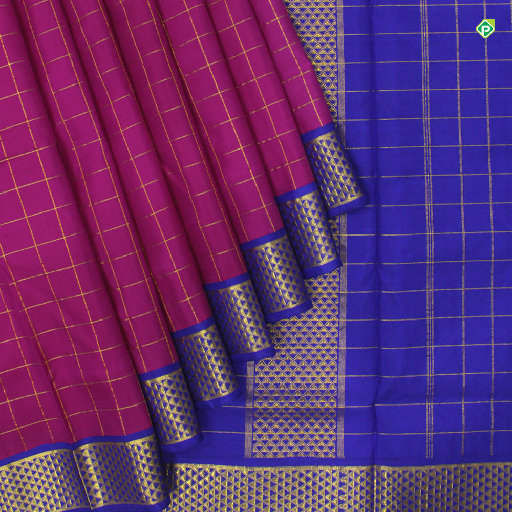 Magenta Pink Small Window Panel Checks Grand 9 Yards or Madisar Silks Saree