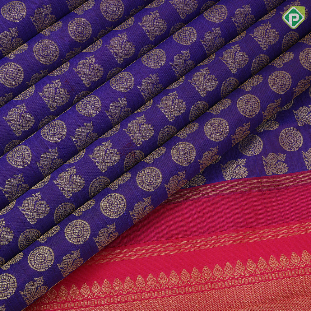 Purple blue gold zari Annam Chakkaram motifs full body rani gold zari High border bridal silk saree