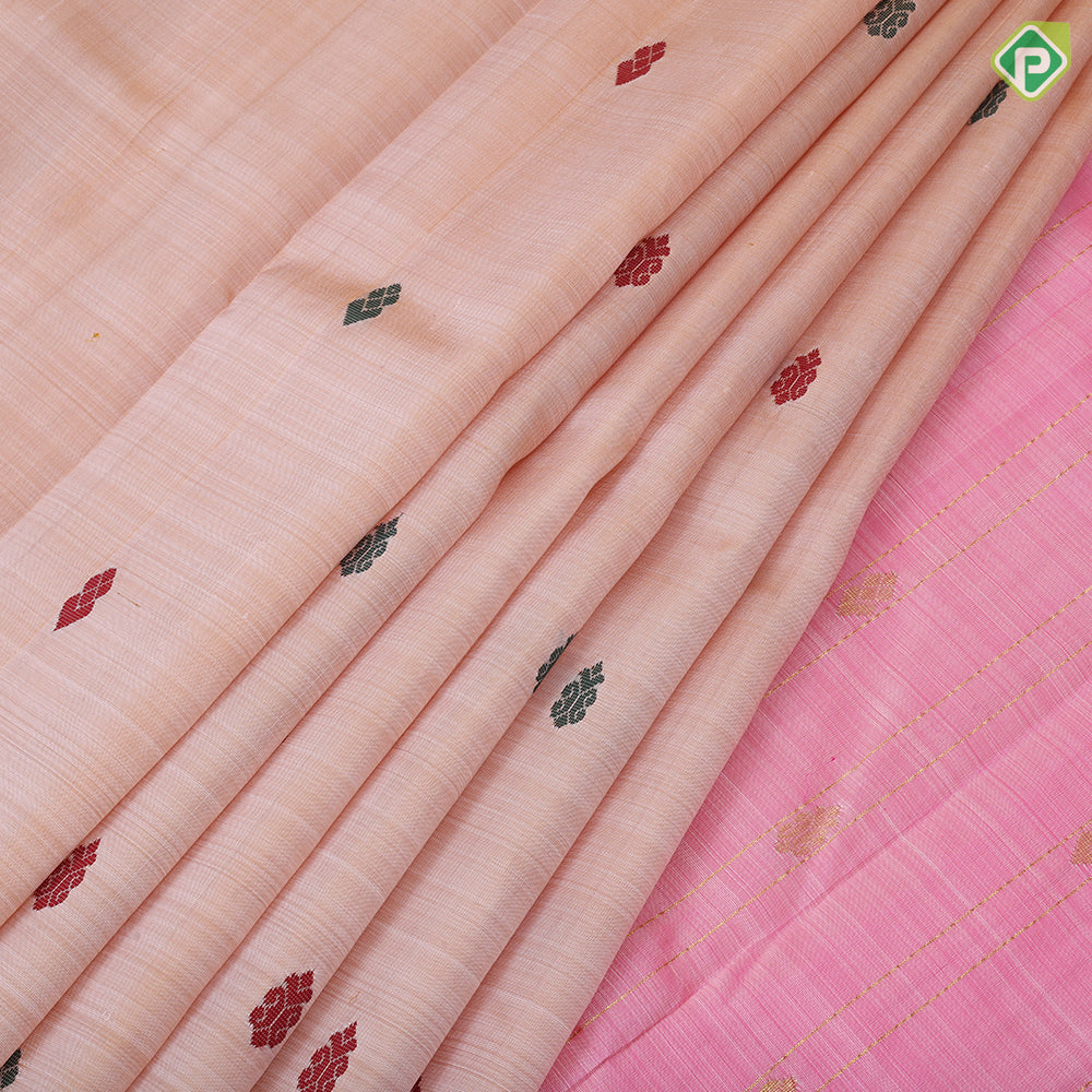 peach multi color silk thread fancy butta rose pink gold zari one side border silk saree