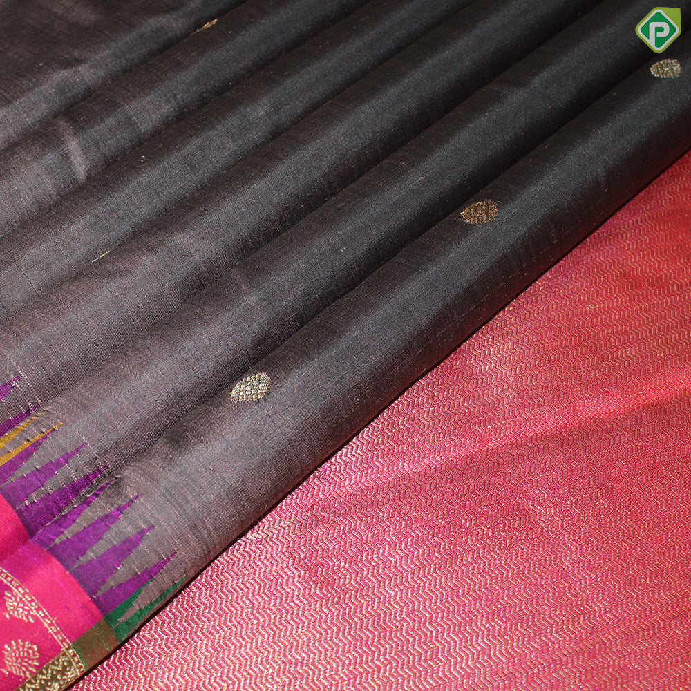 Chocolate Brown Gold Zari Small Motif With Multi color Border Traditional Silk Saree