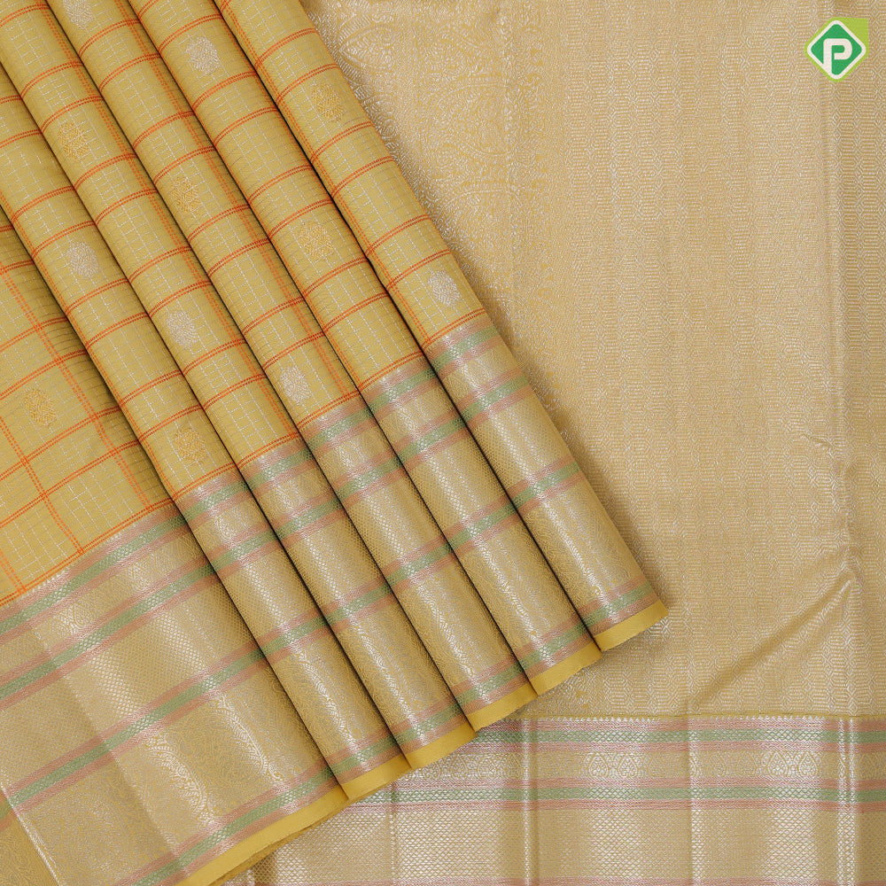 Lemon yellow silver zari checks gold zari butta self silver gold zari meena work border Navratri special silk saree