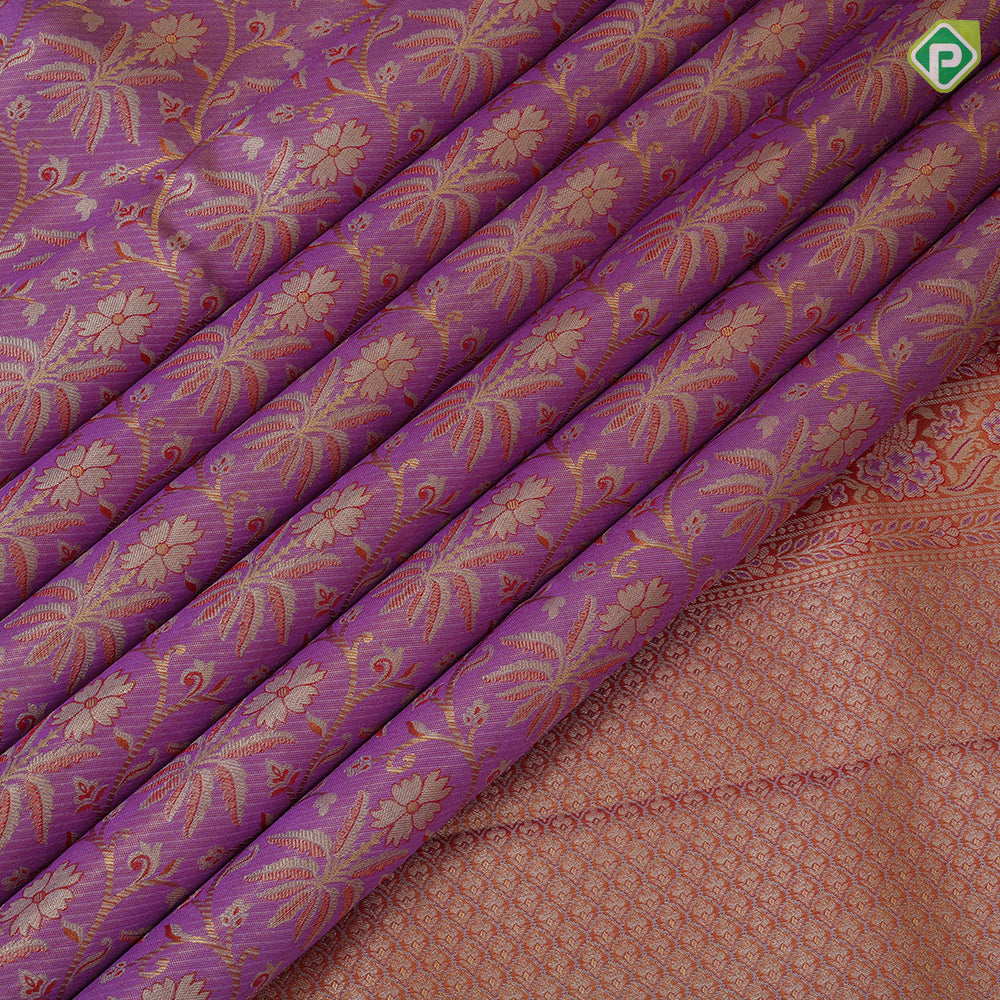 Lavender pink gold zari by zari tissue floral design red gold zari double peacock arch design border tissue bridal silk saree
