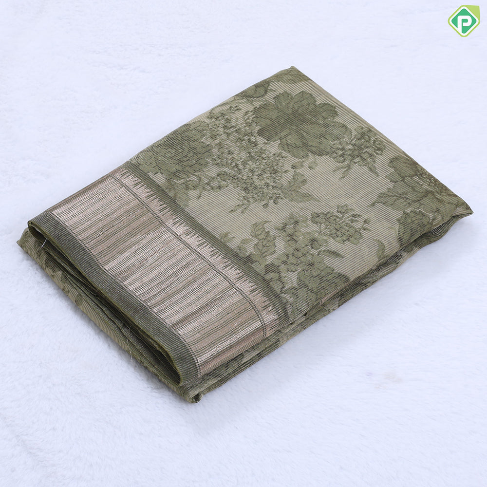 mint green with forest green floral design self color gold zari border fancy cotton saree