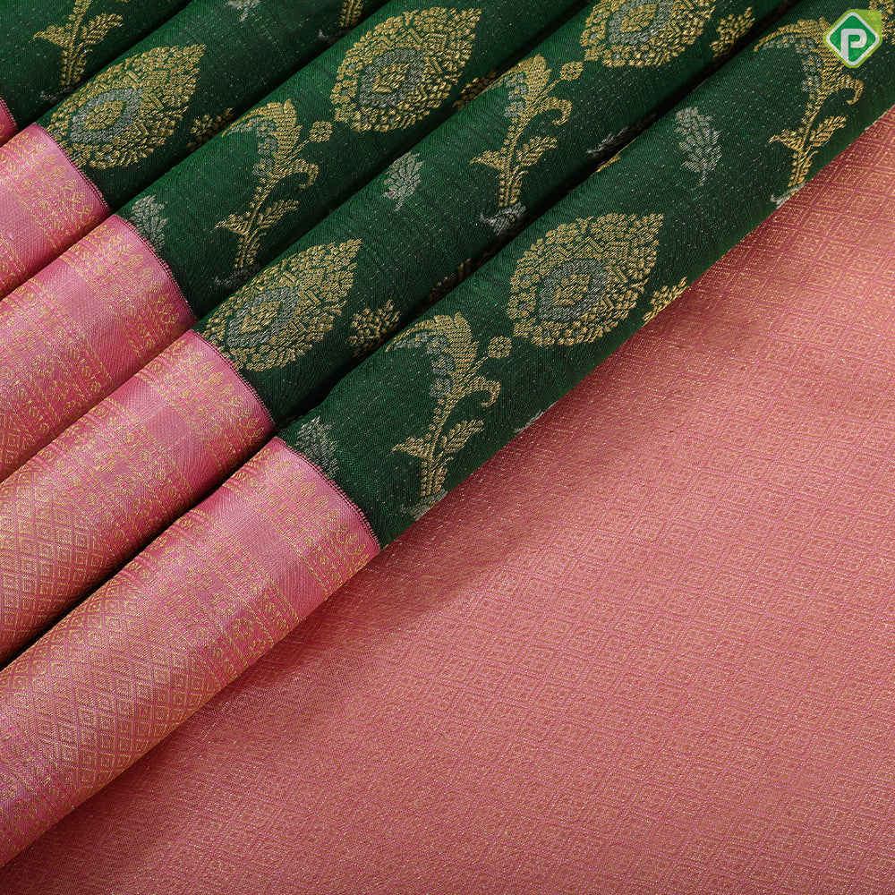 Forest green gold zari grand floral design contrast pale pink gold zari border grand bridal silk saree