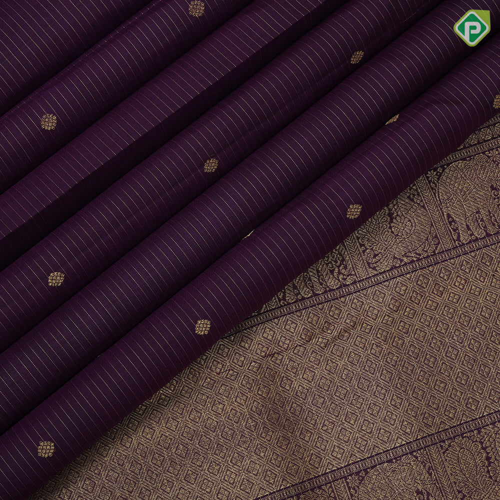 Wine Colour Gold Zari Vairaoosi Lines Small Flower Butta Design Self Colour Chagaram Border Design Traditional Silk Saree