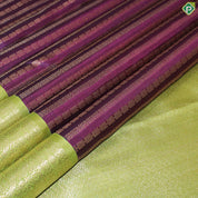 Purple With Gold Zari Stripes Contrast Green Border Traditional Silk Saree