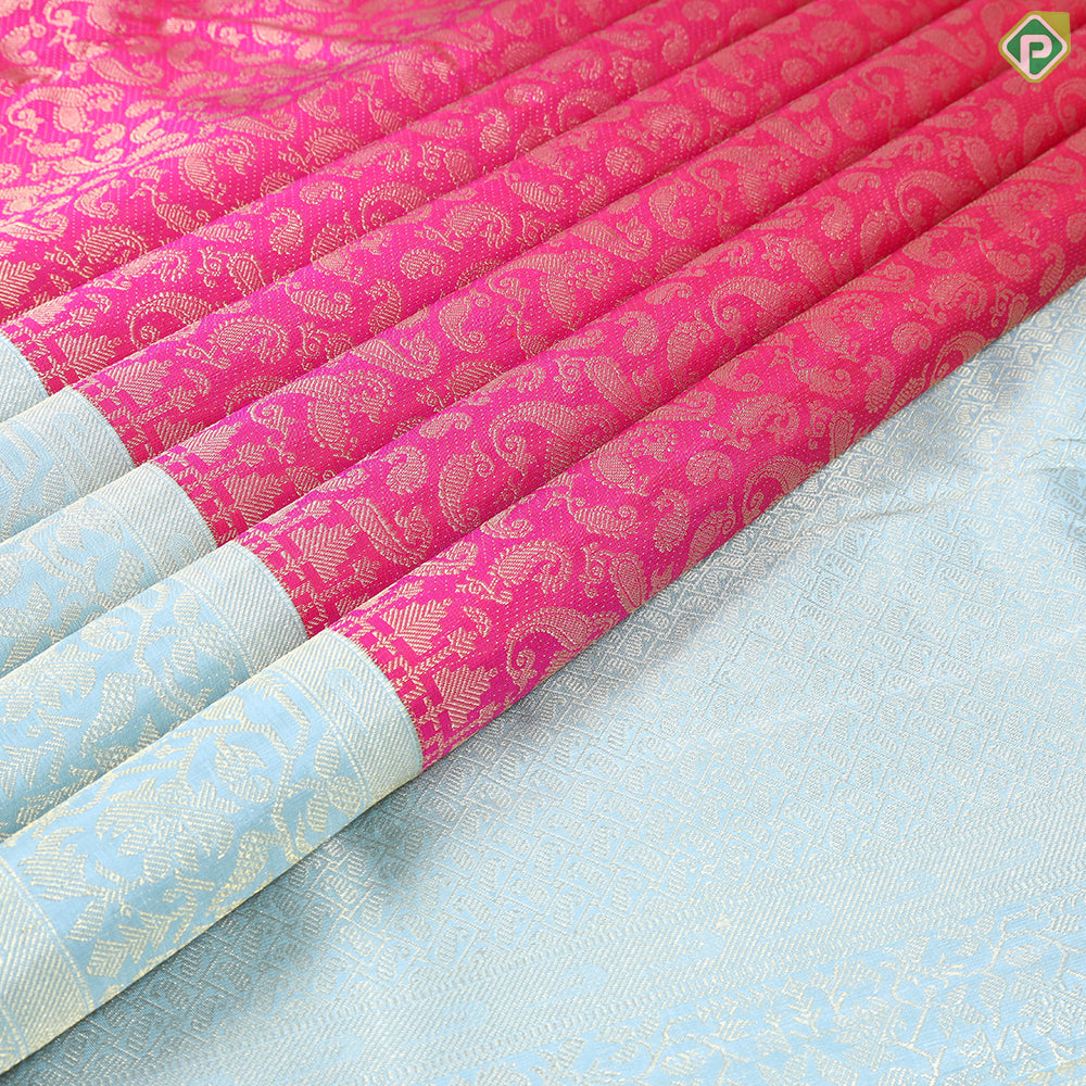 Tomato Pink With Gold Zari And Cardamom Green Border Exclusive Grand Bridal Silk Saree