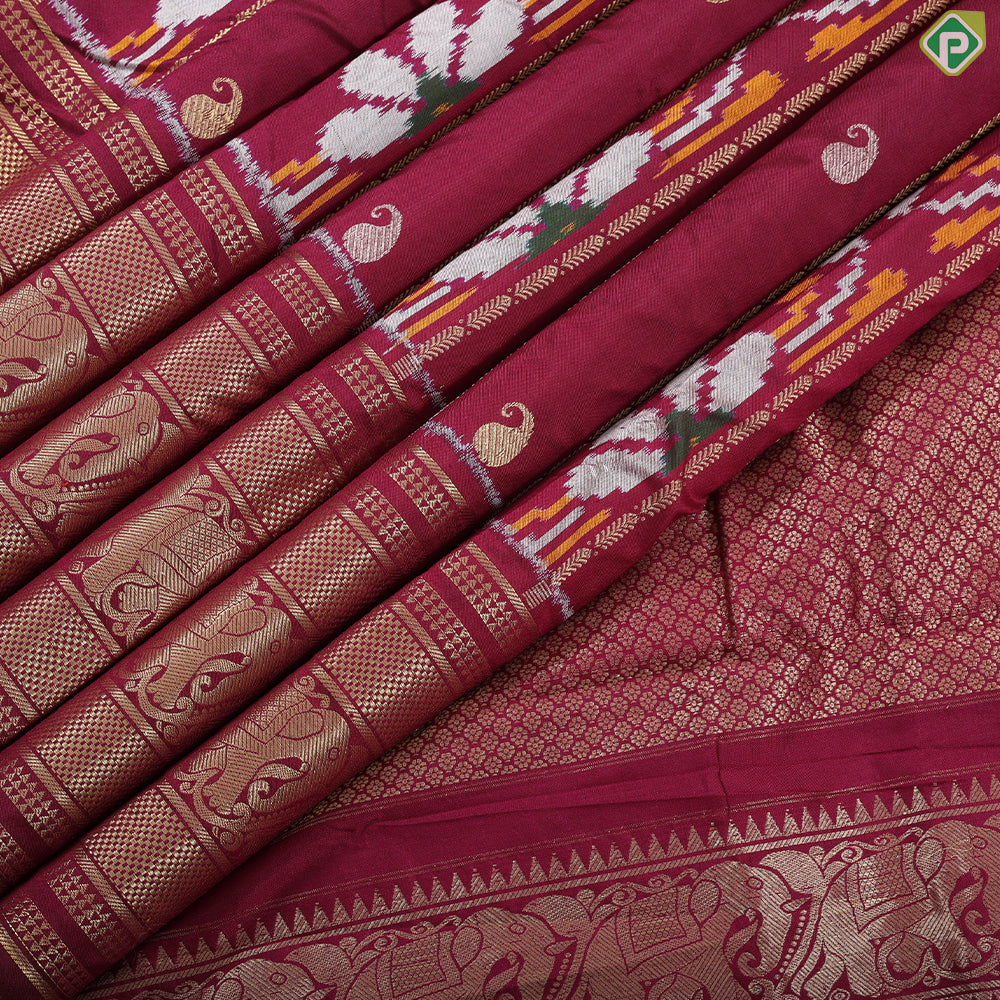 Rani pink gold zari mango and stripes ikkat design self gold zari peacock butta border ikkat silk saree