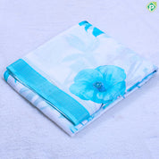 White base sea blue big flowers design contrast silver zari border linen cotton fancy saree