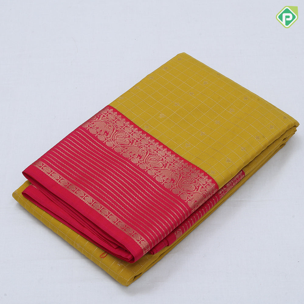 Parrot green gold zari checks and kamalam butta rani pink gold zari border art silk saree