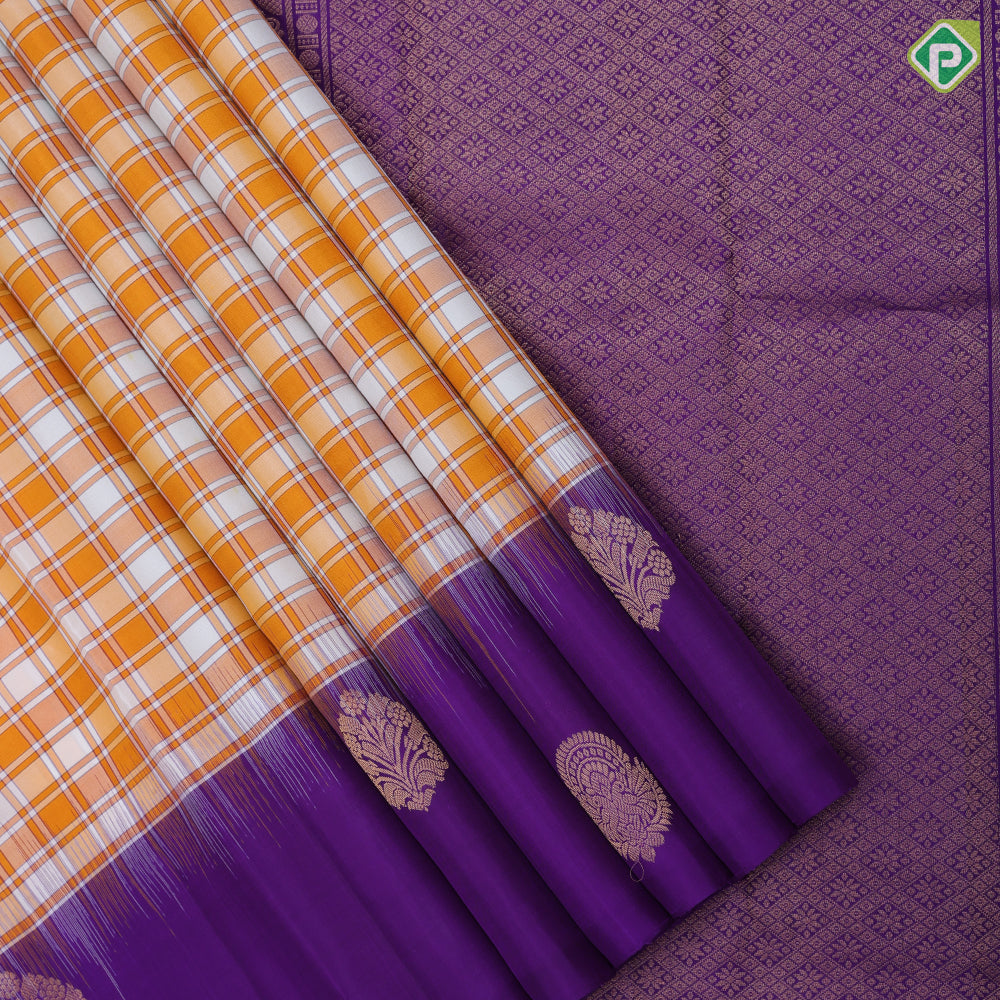 Honey orange white Chennai checks design purple blue gold zari fancy butta border soft silk saree