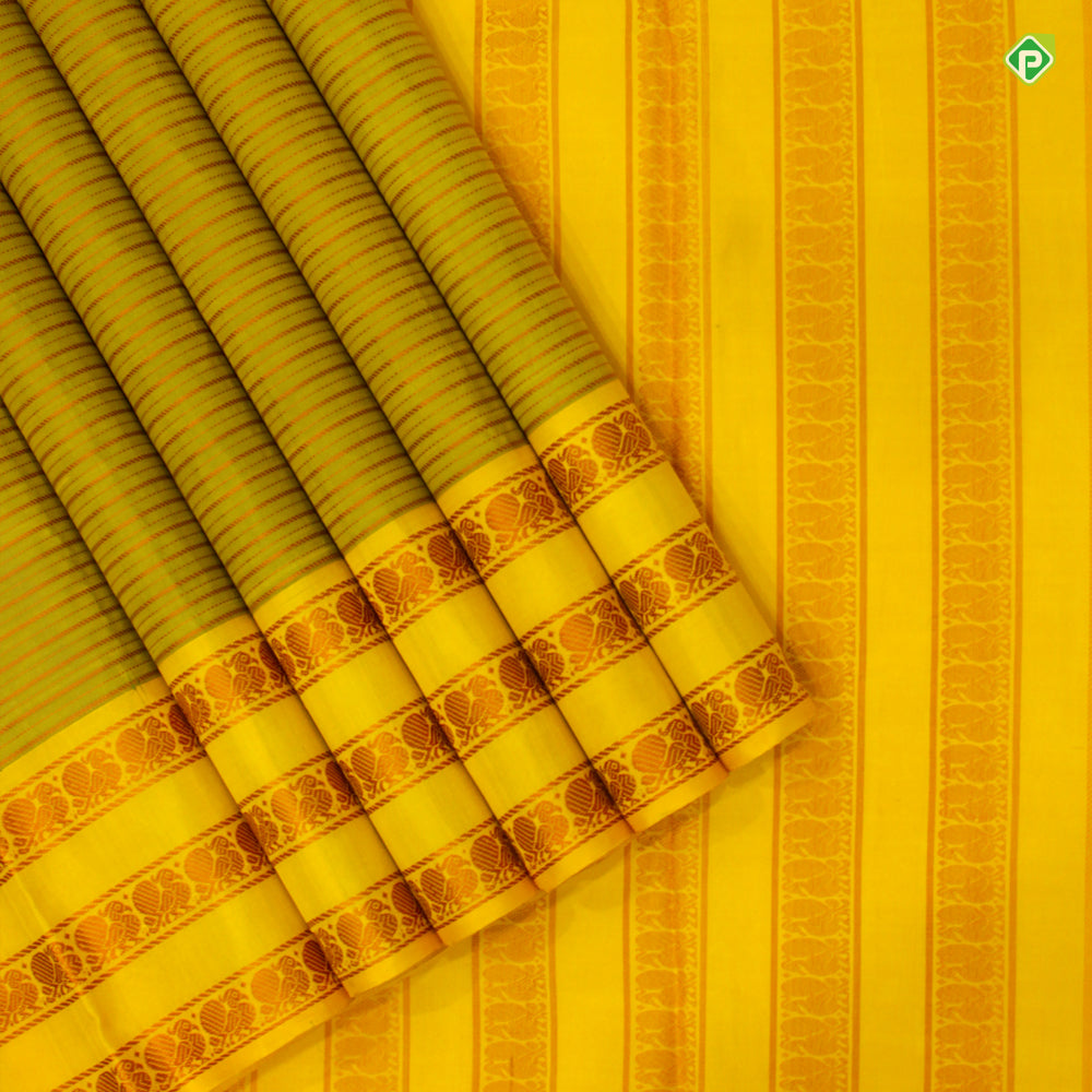 Lime Green With Corn Yellow Colour Small Thread Lines Traditional Silks Saree