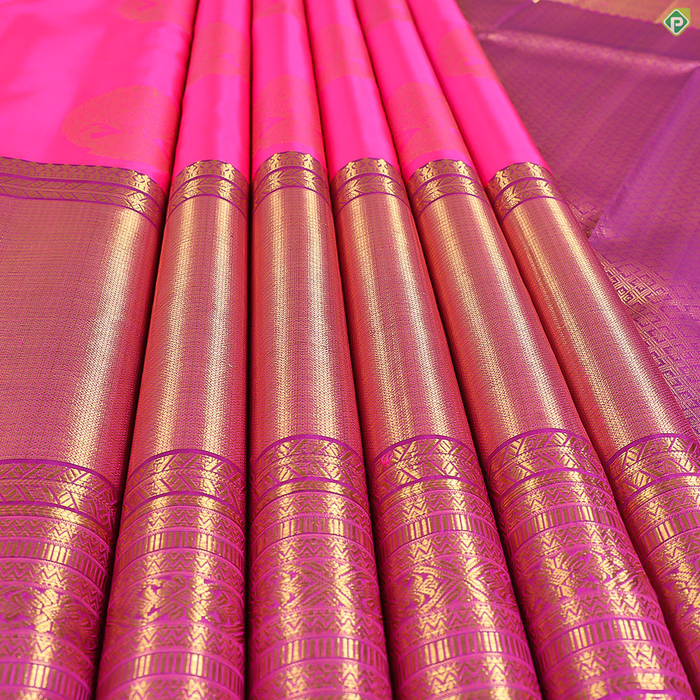 Cerise Pink With Gold Zari Big Peacock Round Butta Bavanji High Border Traditional Silk Saree