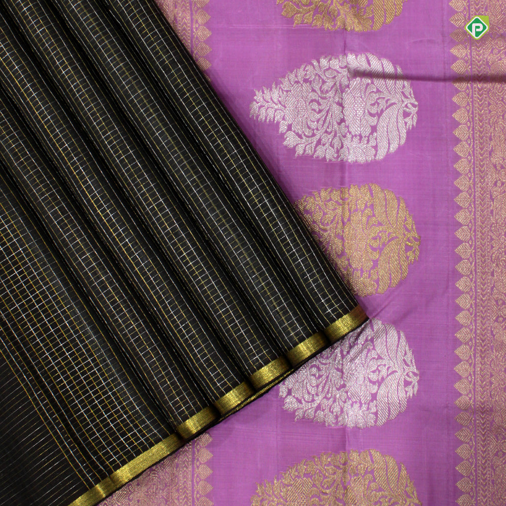 Black With Lavender Colour Small Zari Cross Checks Luxury Black Silks Saree