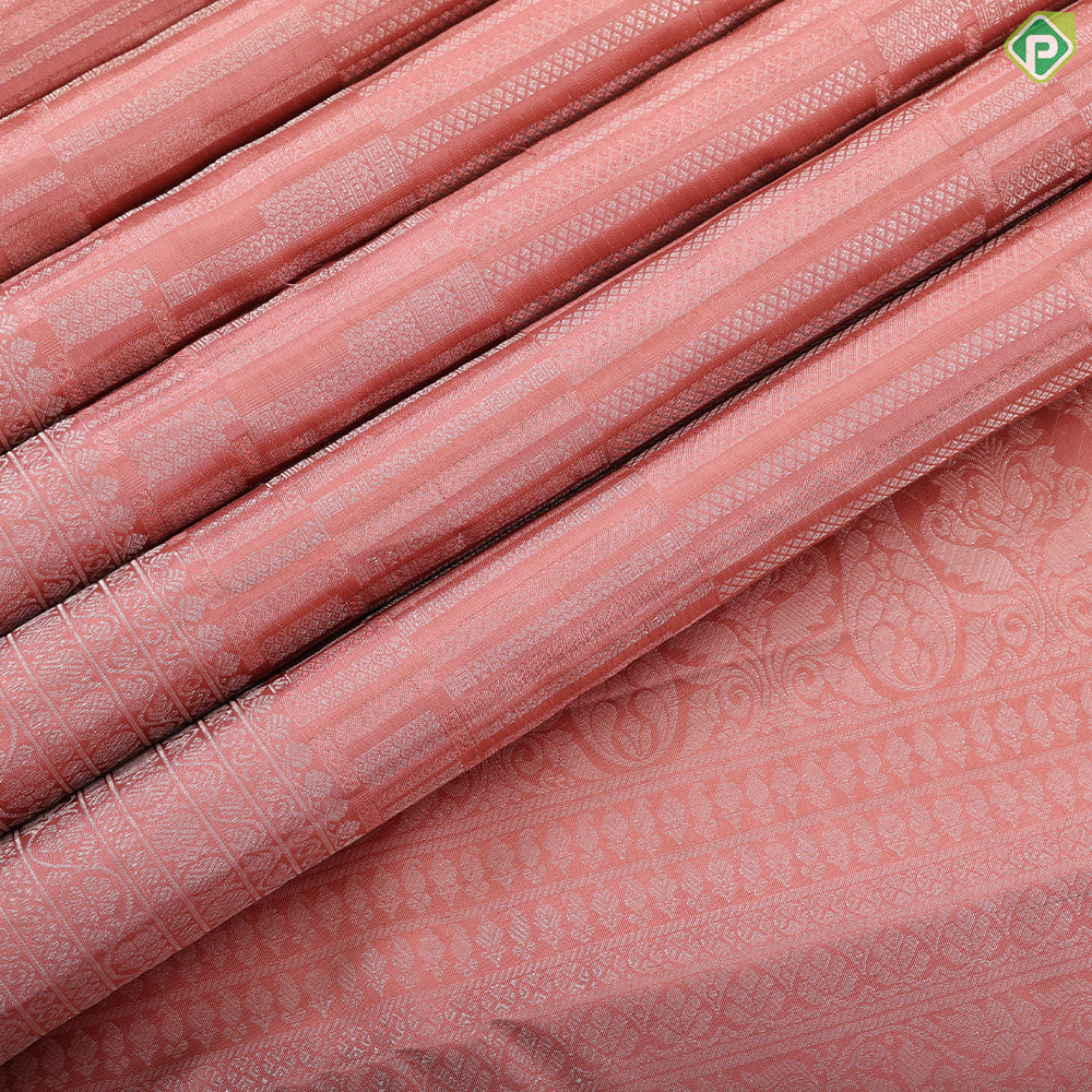 Onion pink silver antique zari pillars stripes design self silver zari rangoli multi line border trendy silk saree