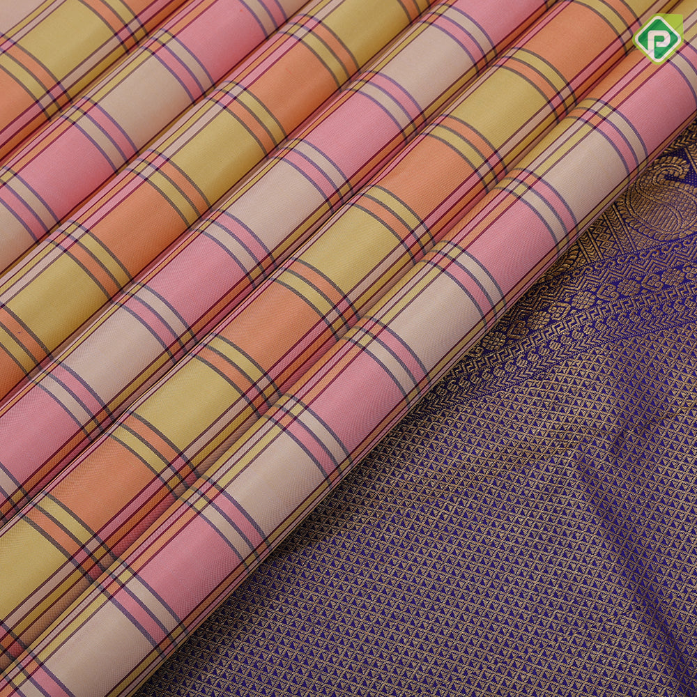Pastel multi color madras checks design blue gold zari peacock butta gatti border paalum pazhamum silk saree