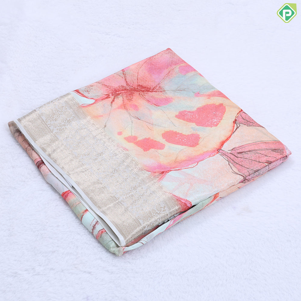 Sea blue base multi color leaf painting design self gold zari floral border fancy cotton saree