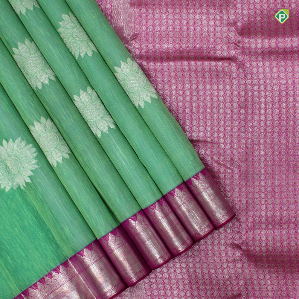Sea Green With Hot Pink Flower Motifs Partly Motifs Linen Silks Saree