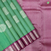 Sea Green With Hot Pink Flower Motifs Partly Motifs Linen Silks Saree