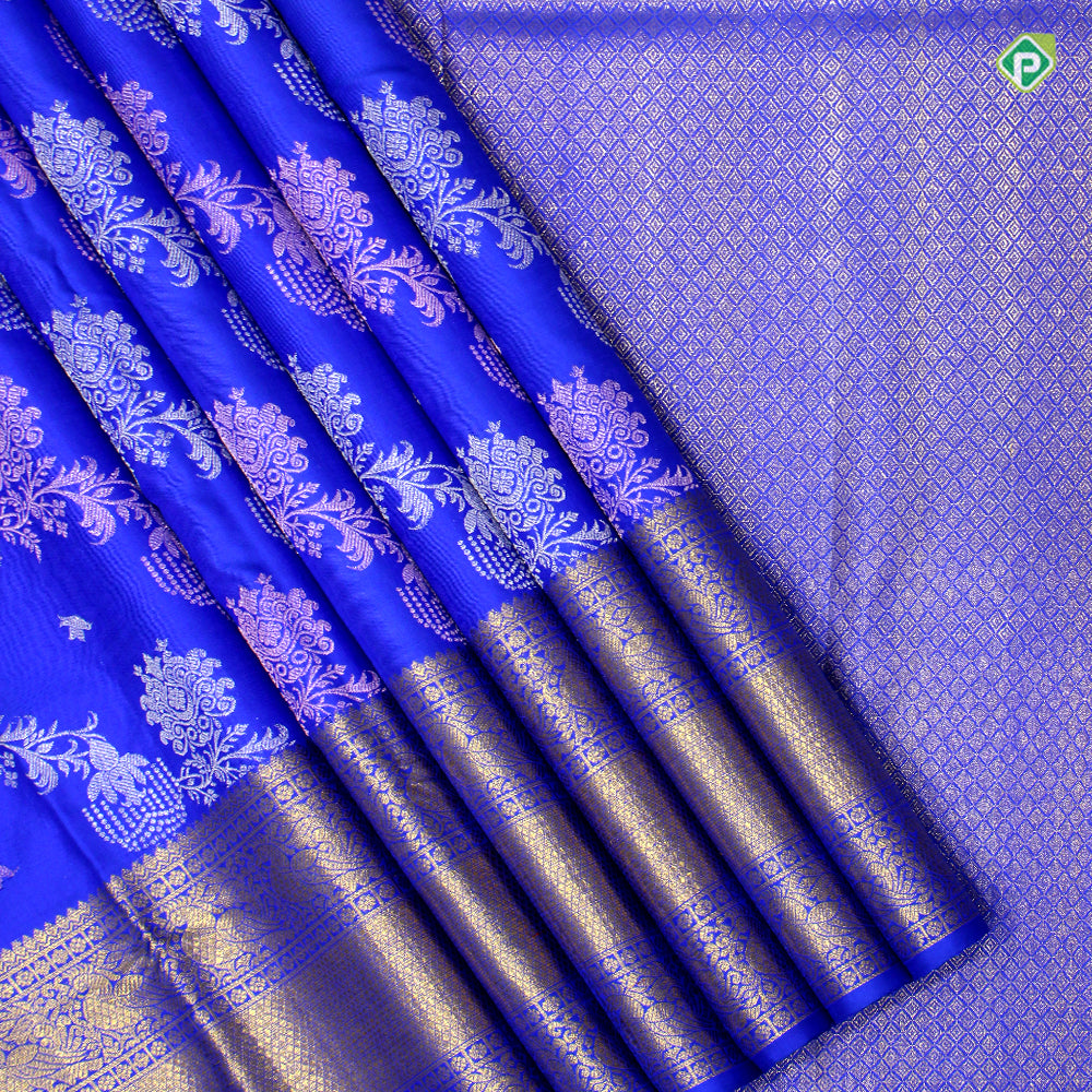Royal Blue Cross Floral Leharia Lines Bridal Silks Saree
