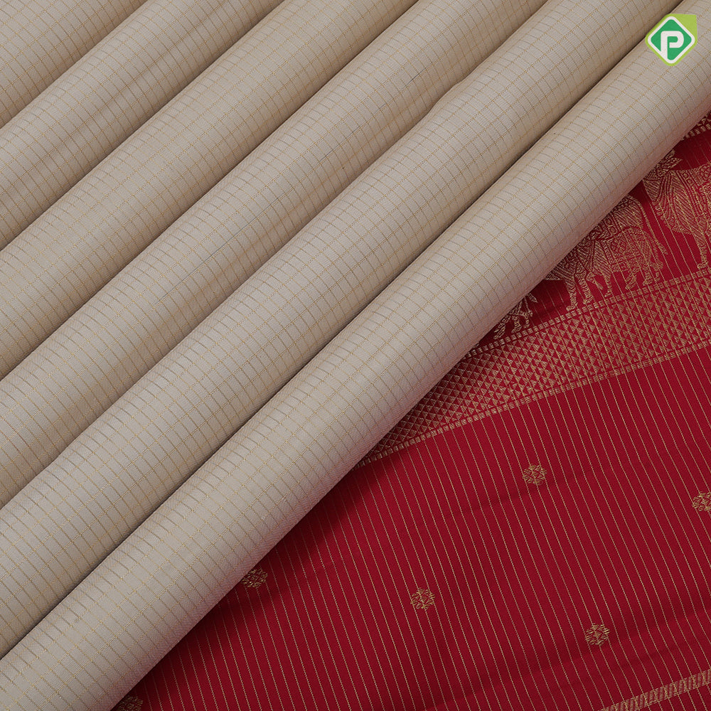 cream white gold zari vairaoosi checks design rani red gold zari kamadenu butta pichwai border traditional silk saree