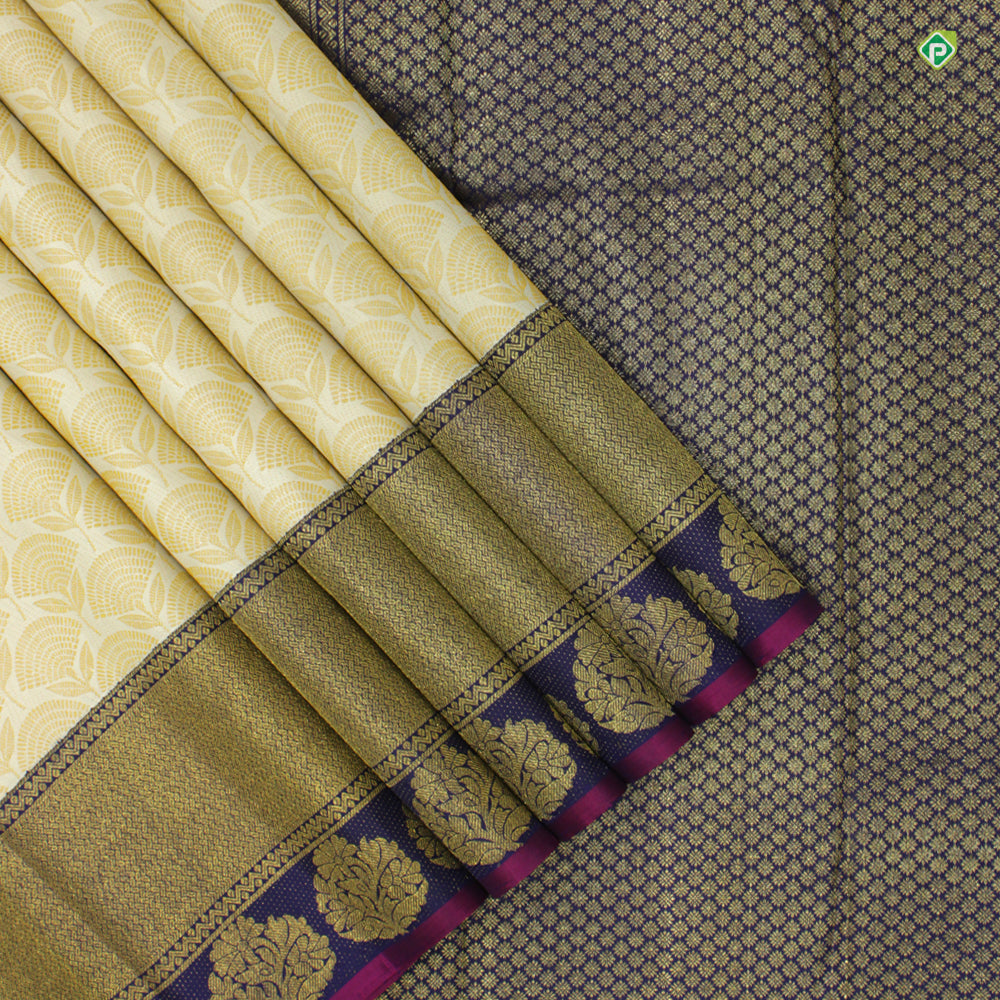 Cream sandal With Indigo Blue Small Flower Thread Work Motifs Trendy Silks Saree