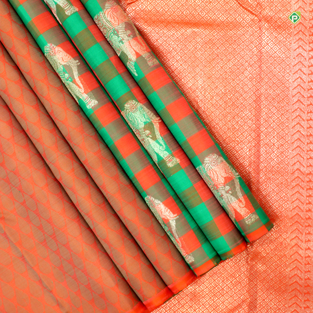 Kelly Green With Orange Fancy Butta And Partly Motifs  Trendy Silks Saree