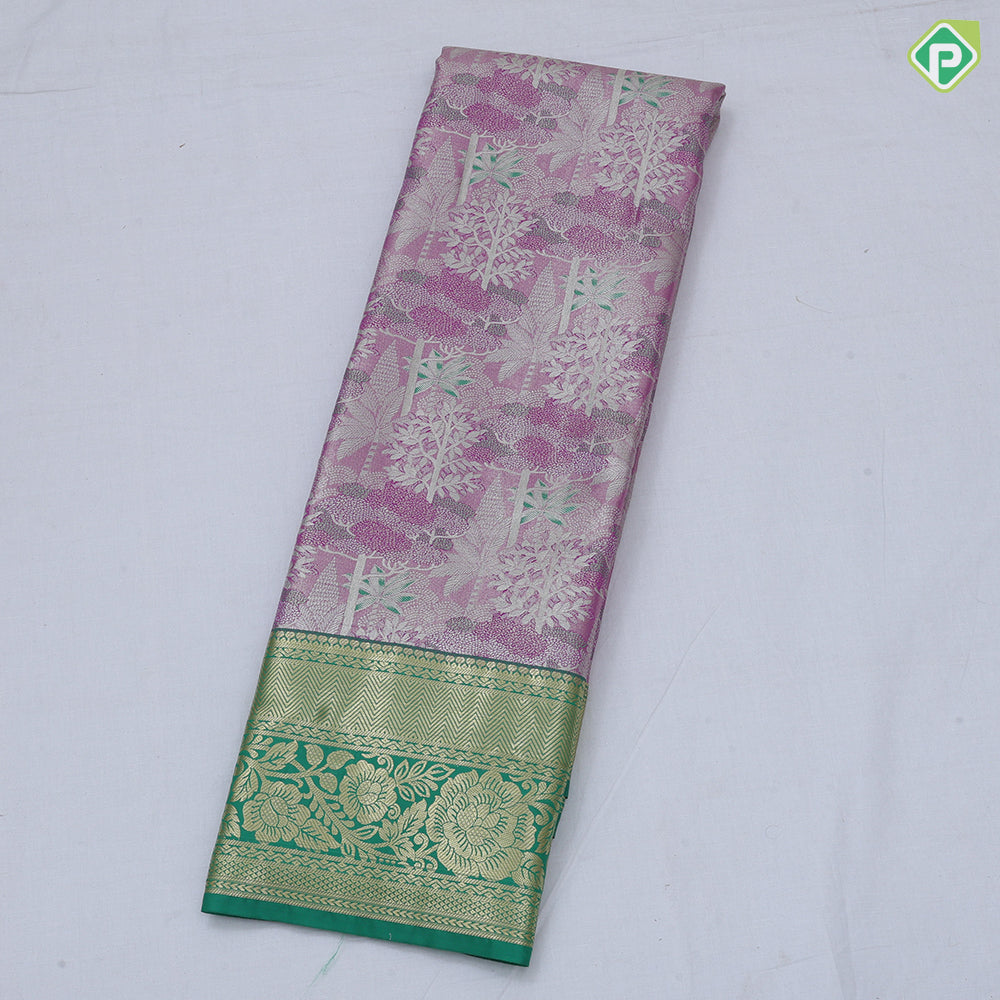 Orangish pink silver zari painting design rexona green gold zari flower butta border tissue art silk saree