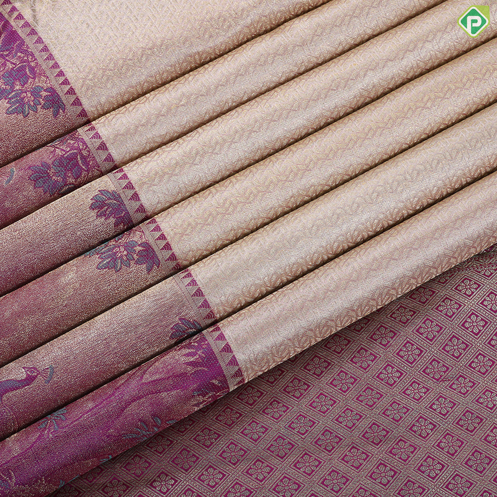 Pista green gold zari zig zag crystal design purple peacock under tree art effect trendy tissue silk saree