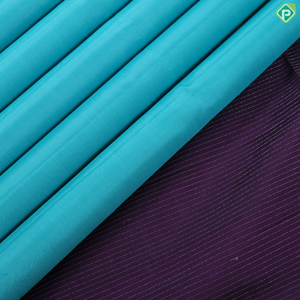 Rama Blue Full body plain weaved design and self gold zari two line border soft silk saree