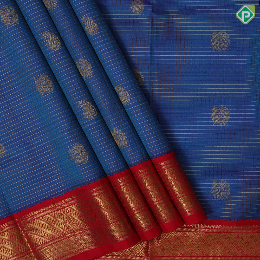 Azure blue silver gold zari checks peacock mango butta red gold zari cross line border pattu paavadai lehanka