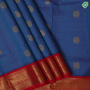 Azure blue silver gold zari checks peacock mango butta red gold zari cross line border pattu paavadai lehanka