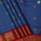Azure blue silver gold zari checks peacock mango butta red gold zari cross line border pattu paavadai lehanka