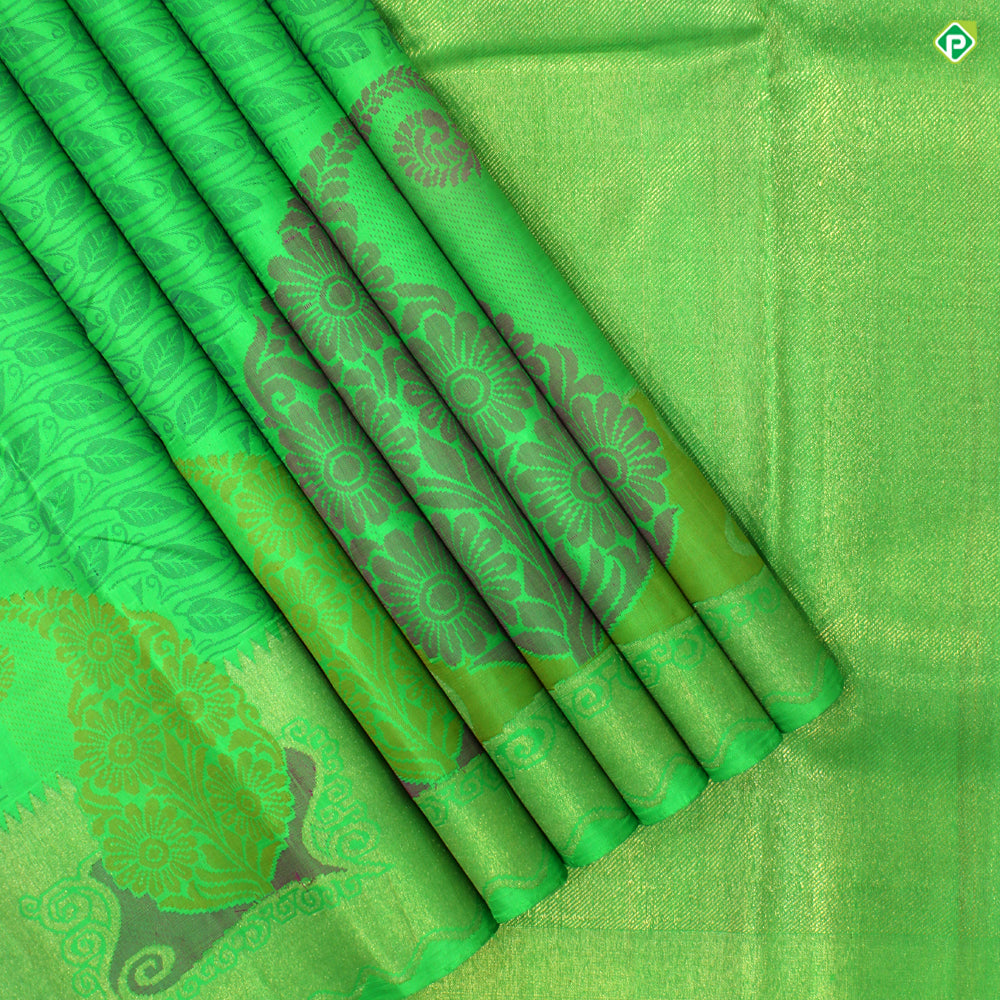 Kelly Green Colour Small Flower Thread Work Motifs Trendy Silks Saree