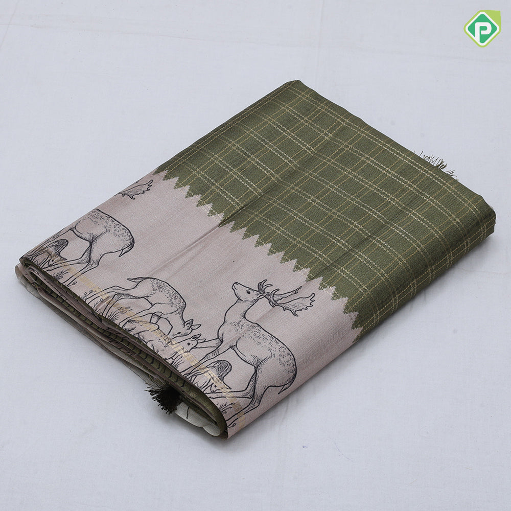 Dark color gold zari vairaoosi checks design cream deers printed fancy cotton saree