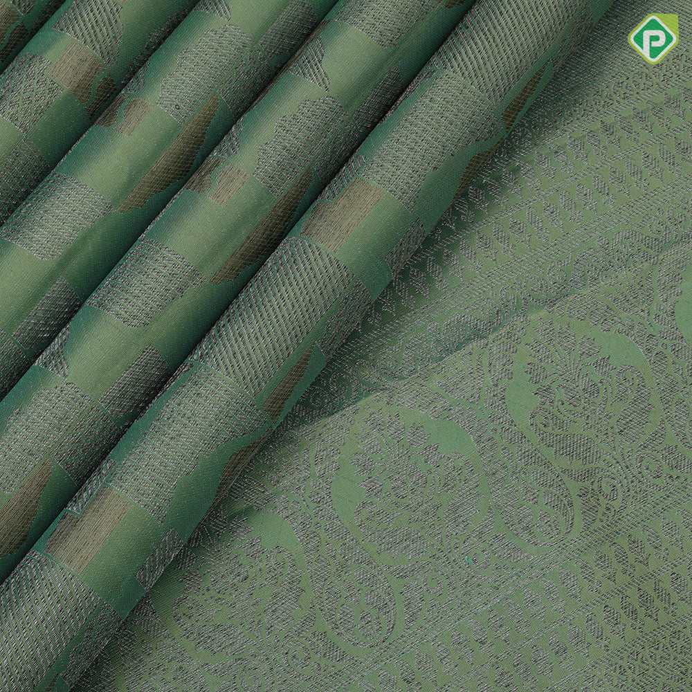 Mose green with neem zari geometrical shapes design self colour rangoli border self weaved silk saree