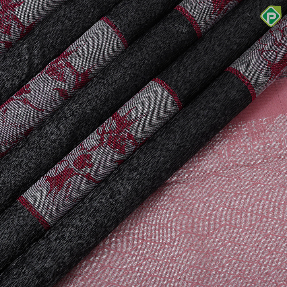Black Colour Silver Zari Deer Design Border Less Ledge Peach Colour Luxury Black Silk Saree