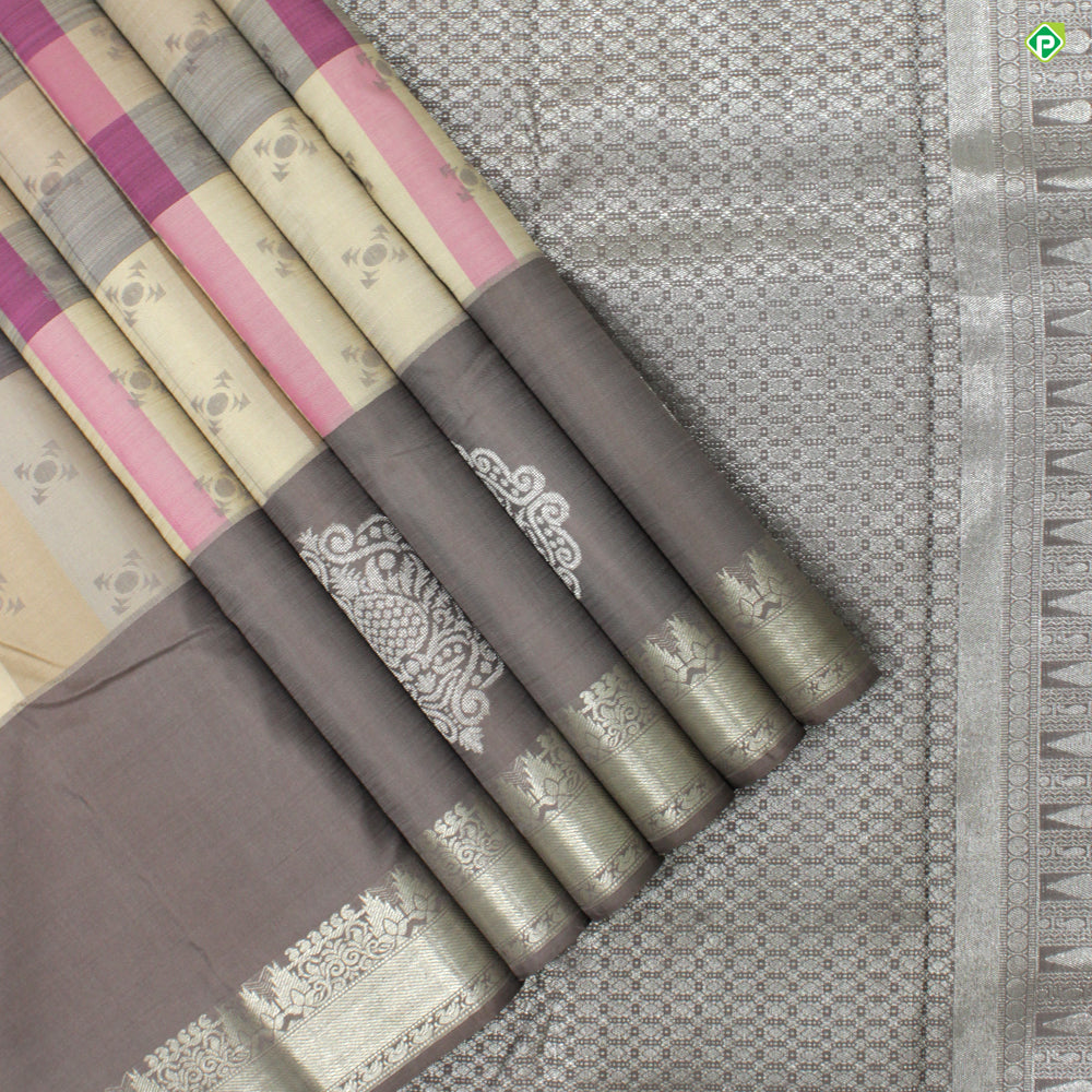 Beige With Lavender Pink Colour Dual Colour Lines Trendy Silks Saree