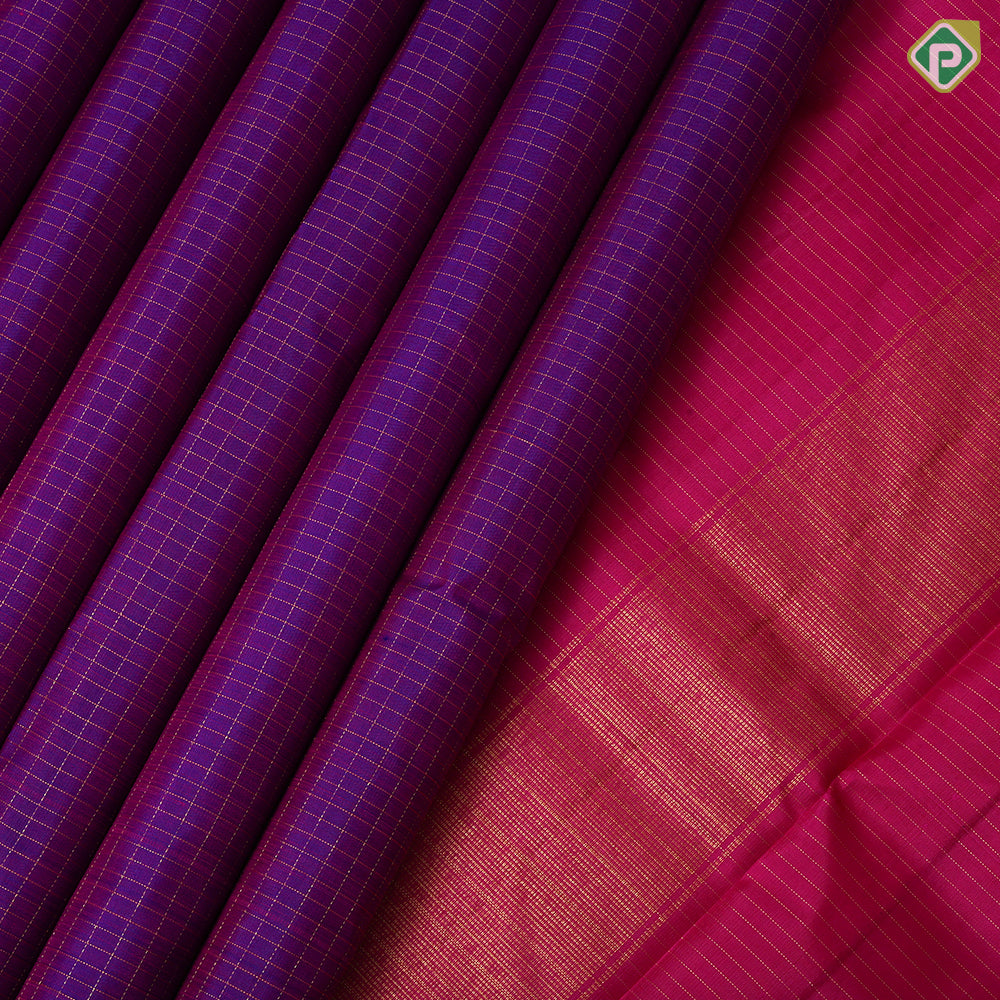 Purple gold zari vairaoosi checks design rani pink gold zari bavanji green edge border 9 yards madisar silk saree