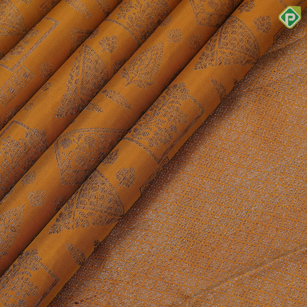 Dark orange neem zari multi shapes design self color multi design lines border self weaved silk saree