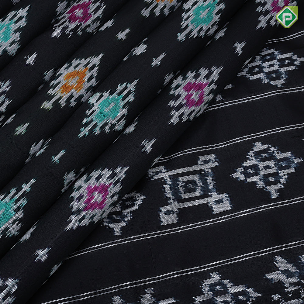 Black with multi color ikkat diamond design self white lines border ikkat poochampalli silk saree