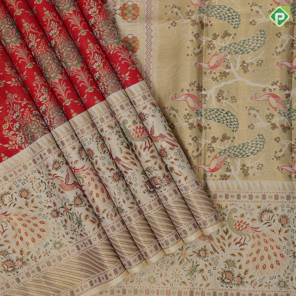 senduram red gold zari grand thilagam meena work design cream multi color peacock and garden fancy border bridal tissue silk saree