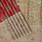 senduram red gold zari grand thilagam meena work design cream multi color peacock and garden fancy border bridal tissue silk saree
