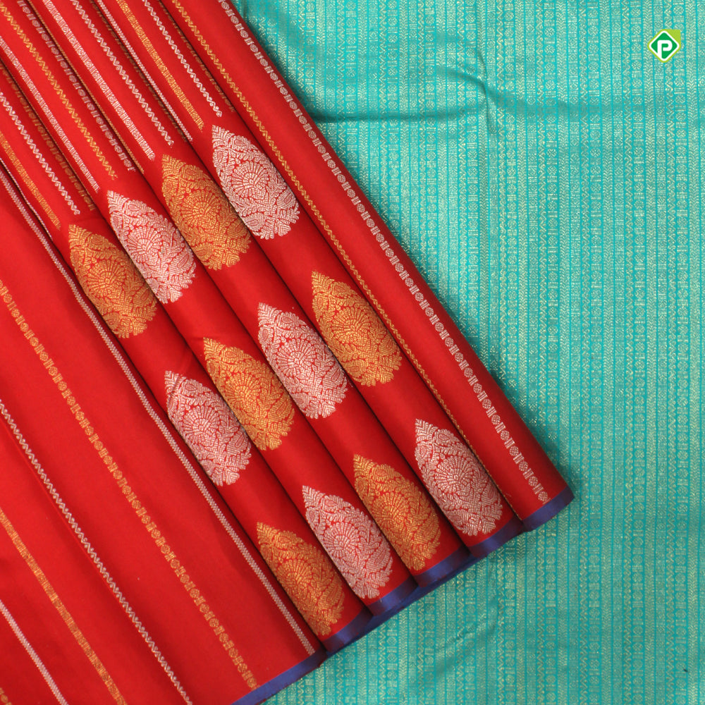 Chilly Red Colour Straight Veldhari Lines With Big Thilagam Border Motifs Trendy Silks Saree