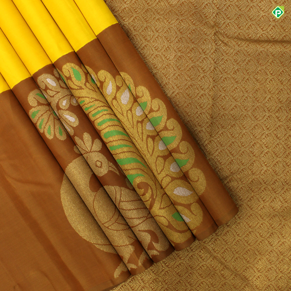 Corn Yellow With Goldish Onion  Colour Big  Peacock Fancy Border Motifs Trendy Silks Saree