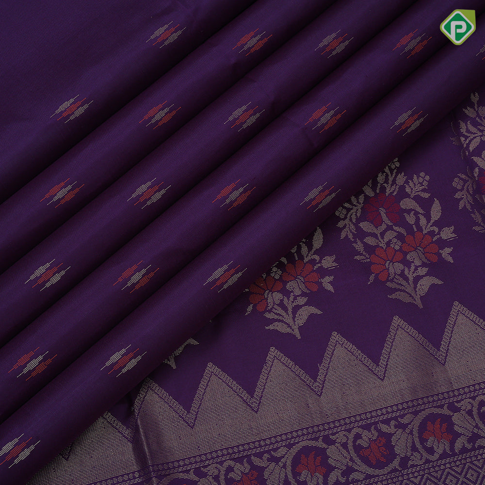 Purple group honey drop meena work butta design self gold zari meena work rangoli border soft silk saree