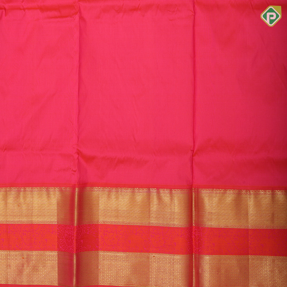 Parrot green gold zari annam and flower butta rani red gold zari diamond border mid meena work pattu paavadai lehanka